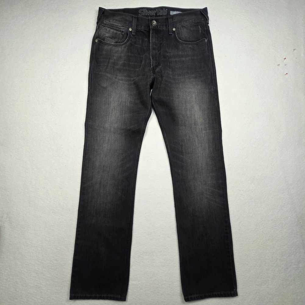 SilverTab Straight Jeans Mens 34x32 Black Naturally Faded Distressed Denim Pants
